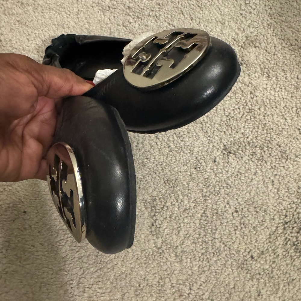 Tory Burch Black Flats with Silver Logo - Picture 2 of 9